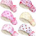 Jadive 6Pcs Satin Lined Working Hat Coquette Bow Scrub Cap Adjustable Pink Tie Back Bouffant Hat with Button for Doctor Nurse