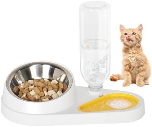 SAROSORA Cat Bowl Set, Double Bowl for Wet Dry Food, with Automatic Water Bottle, 15° Tiltable Food Bowls for Dogs and Cats Cat Feeder