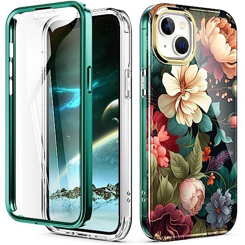 Turquiase Cute Flower Case for iPhone 13/14 6.1 inch Built with Screen Protector, Lightweight and Stylish Full Body Shockproof Protective Rugged TPU Case for Women/Girls