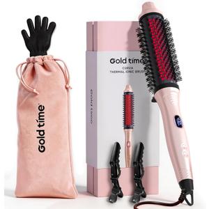Infrared Thermal Brush 2-in-1 Curling Straightening Round Brush 1.5 Inch Heated Round Brush 6 Heat Settings Dual Voltage Styler Sleek Shiny Results Salon Styler Women Gifts Pink