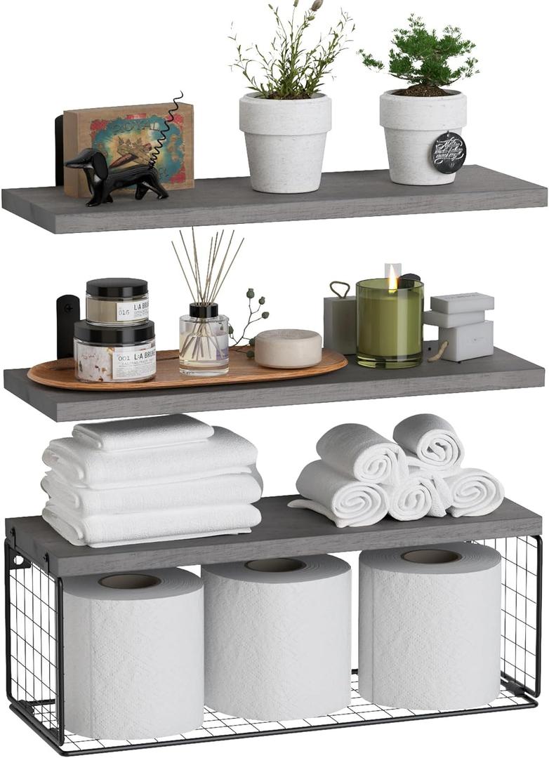 WOPITUES Bathroom Shelf Over Toilet, Floating Bathroom Shelf Wall Mounted with Wire Basket, Floating Shelf for Wall Dcor-Modern Grey (16.5inch)