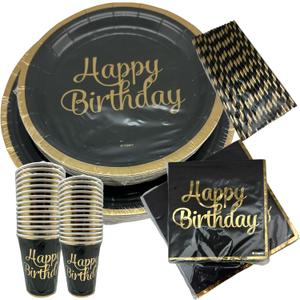 Oojami 180-Piece Happy Birthday Party Supplies Set  Serves 30 Guests with 9" Dinner Plates, 7" Dessert Plates, 12 oz Cups, and 3-Ply Napkins  Gold Foil Disposable Tableware Party Pack