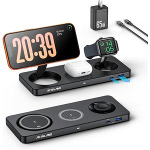 AC ISLAND 5-in-1 Qi2.2 Wireless Charger for MagSafe, 25W Foldable Magnetic Stand, Travel Charging Station for iPhone 17-12 & Air Series, Apple Watch, AirPods, with 65W GaN Adapter (Black, for Apple)