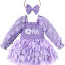 UNICOMIDEA Baby Girl 1st Birthday Outfit One Year Old Birthday Clothes Toddler Long Sleeve Tulle Romper Dress (12-18 Months, Purple)