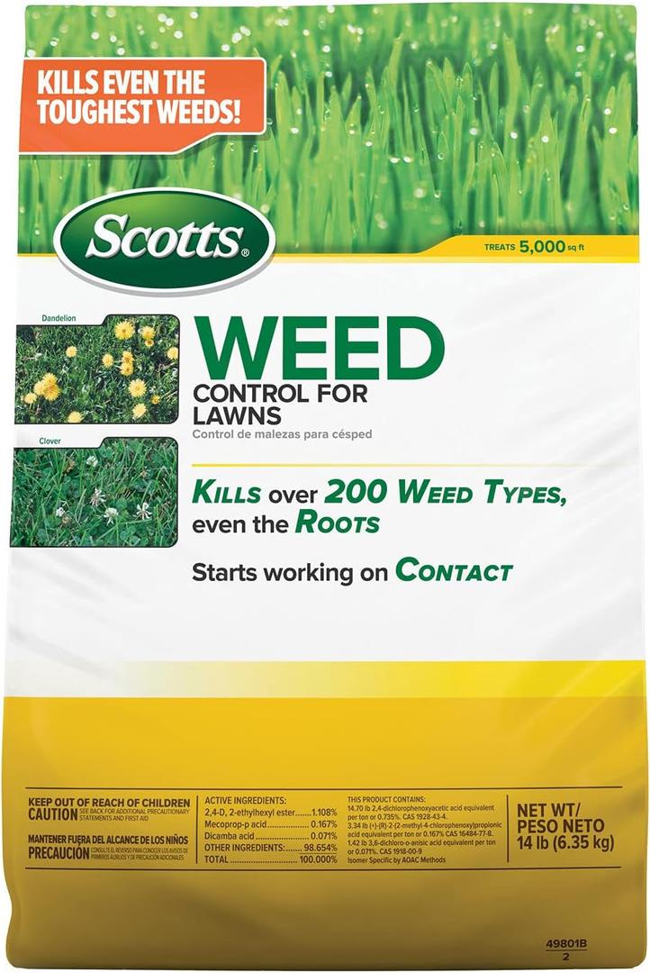 Scotts Weed Control for Lawns, Weed Killer, Kills Over 200 Weed Types Including Dandelion and Clover, 5,000 sq. ft., 14 lbs.