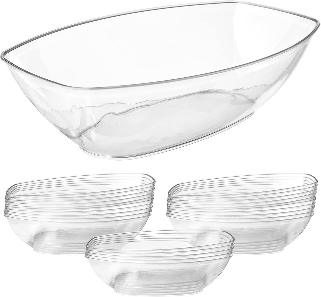Prestee 24 Clear Plastic Serving Bowls - 64oz Oval Disposable Bowls for Parties - Chip Basin, Snack Bowl, Candy Dishes, and Salad Containers - Great for Holiday and Christmas Entertaining