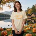 Pumpkin Shirts for Women Fall Season T-Shirt Halloween Thanksgiving Autumn Crewneck Tee (Beige, S)