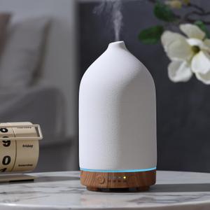 200ML Ceramic Essential Oil Diffuser - Ultrasonic Aromatherapy & Humidifier with 7-Color LED Lights, Auto Shut-Off, Wood Grain Base, 1H/3H/6H Timer | Scent for Home, Office, Yoga Wood