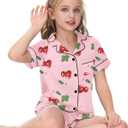 Veseacky Luxurious Kids Satin Pajama Button Down Short Sleeve Nightwear Classic Solid 2 Piece Pj Set(Pink Cherry,130) (Pink)