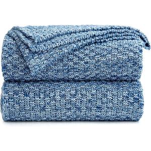 Longhui bedding Blue Knitted Throw Blanket for Couch, Soft, Cozy Machine Washable 100% Cotton Sofa Knit Blankets, Heavy 2.8lb Weight, 51 x 63 Inches, Blue and White Color, Laundry Bag Included