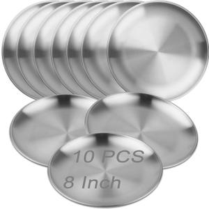 MOUYAT 10 PCS 8 Inch Large Stainless Steel Plate, 20cm Round Dinner Metal Plates, Metal Salad Steak Plates Reusable Dinner Dish for Eating Serving Camping Outdoor BBQ Home Kitchen, Polished Silver (8 Inch 10 PCS)