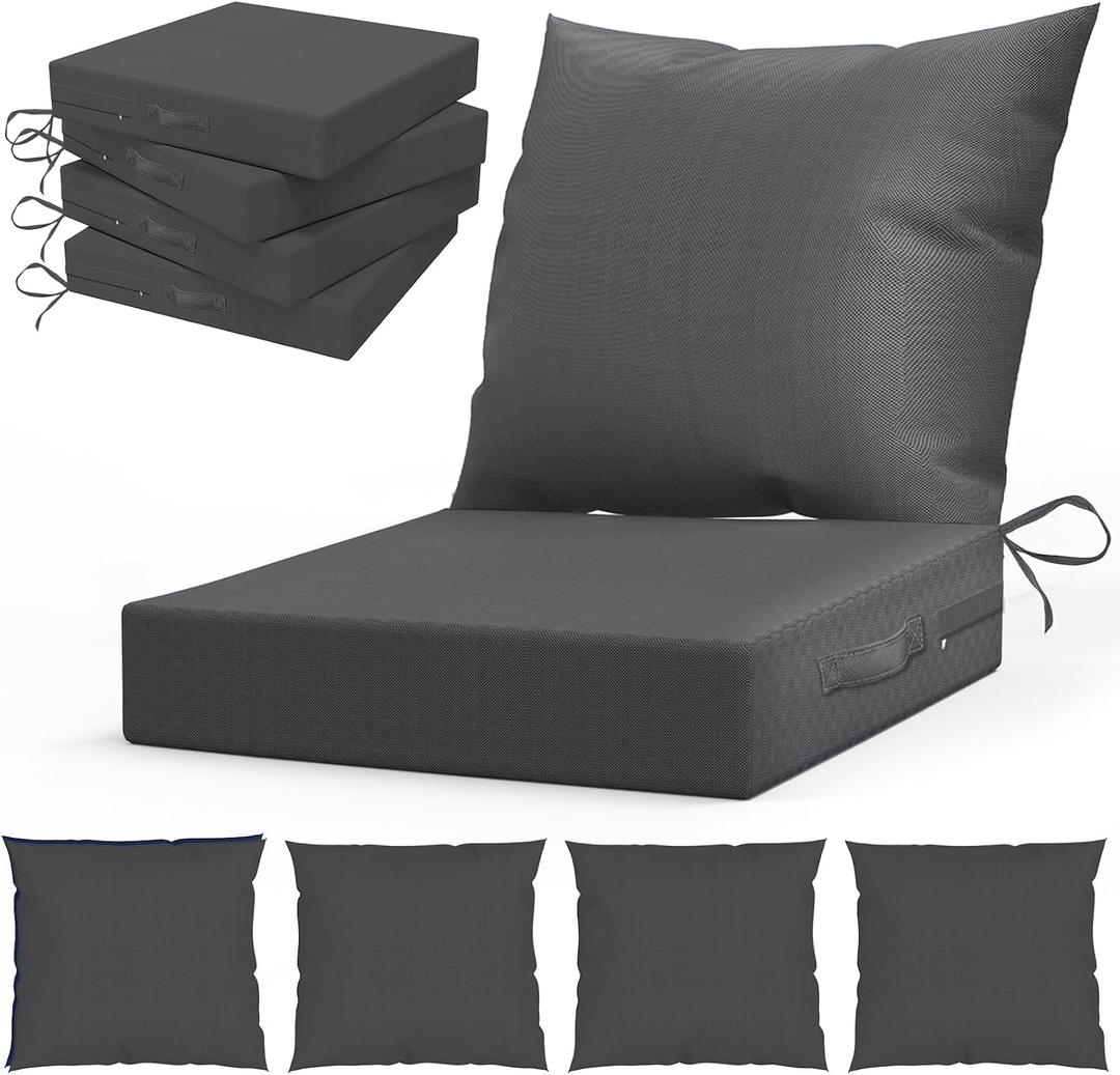 L’AGRATY Outdoor Chair Cushions for Patio Furniture：24" x 24" Deep Seat Cushions with Backrest for Couch Sofa Chair - Waterproof Fade-Resistant Patio Cushion (Set of 4,Grey)