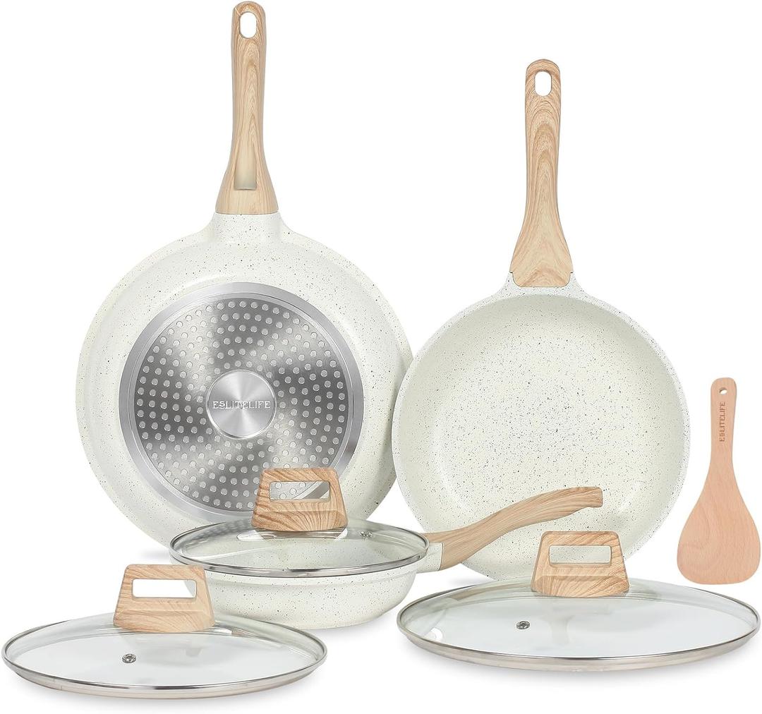 ESLITE LIFE Nonstick Ceramic Frying Pans Skillets Set with Lids, Non-Toxic Egg Omelette Kitchen Cooking Pans Compatible with All Stovetops (Gas, Electric & Induction), PTFE & PFOA Free (White) (8"+9.5"+11" Set w/Lids)