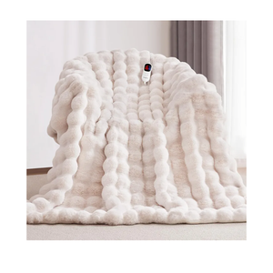 Heated Blanket Full Size with 1/2/4/6/8 Hours Auto-Off 10 Heat Level, 62'' * 84'' Cozy Faux Rabbit Fur Bubble Electric Blanket with Overheat Protection(White)