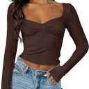 ForeFair Women's Sexy Long Sleeve Going Out Tops Pleated Bustier Shirt Cute Sweetheart Neck Y2K Cropped Top (Brown, S)