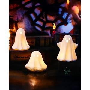 AOMOONOA Ceramic Ghosts Small White Ghost Figurine, 3PCS Light Up Ghost Decor, Small LED Ghost Halloween Decor Spooky Sculptures for Indoor Halloween Party Tabletop Home Shelf Decoration