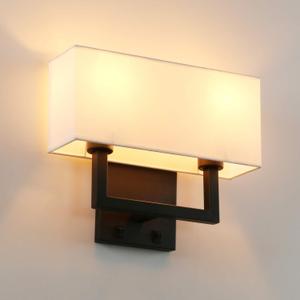 PERMO Wall Sconces Black Finish Double Sconce with White Textile Shades and On/Off Switch Button Wall Light Fixture for Living Room Bedroom Bedside Nightstand Light
