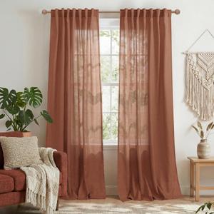 Terracotta Linen Curtains 90 Inches Long, Back Tab Boho Farmhouse Semi Sheer Bohemian Window Curtain Panels for Living Room Bedroom, Rust Cool Maximalist Decor,Cortinas Para Salas Modernas,52"W x 90"L (Pack of 2), Terracotta
