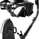 Aegend Snorkeling Gear for Adults, Dry Snorkel Set Panoramic View Enhanced Anti-Leak and Anti-Fog Technology, Adjustable Strap for Snorkeling Scuba Diving Swimming with Mesh Bag (Black)