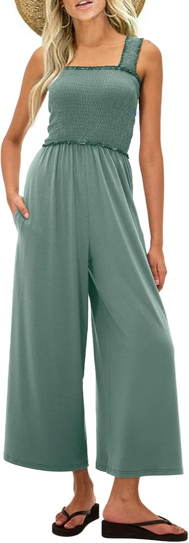 UNIANKIYA One Piece Sleeveless Square Neck Jumpsuits for Women Casual Wide Leg Long Pant Rompers Overalls Beach Vacation (Green, L)