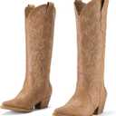 Rollda Cowboy Boots for Women Cowgirl Boots Embroidered Knee-High Western Boots Pointy Toe with Chunky Heel (7.5, Tan)