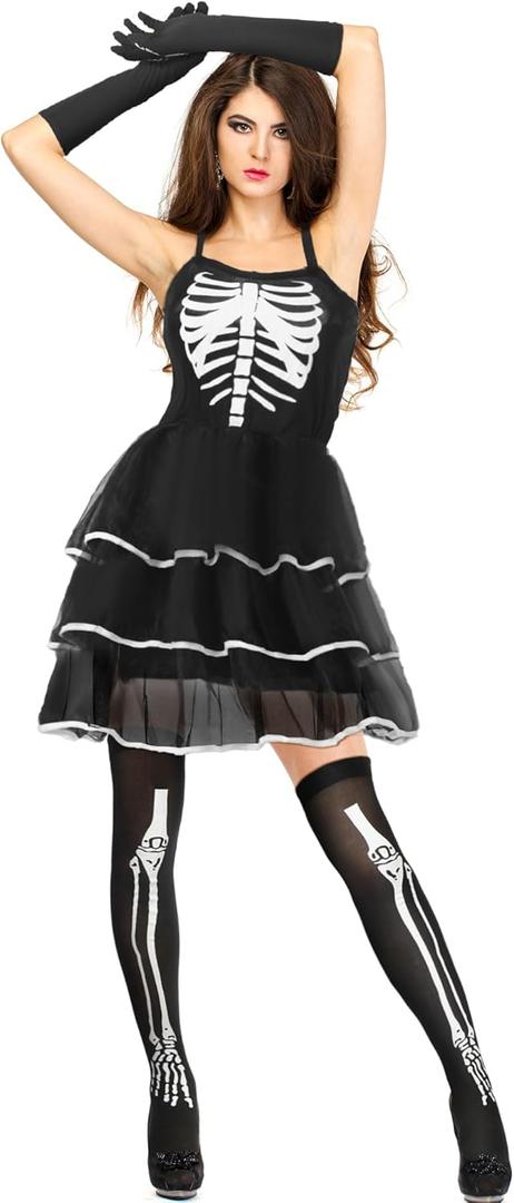 Geyoga Halloween Skeleton Costume Set Includes Skeleton Costume Dress Bones Gloves Stockings for Women