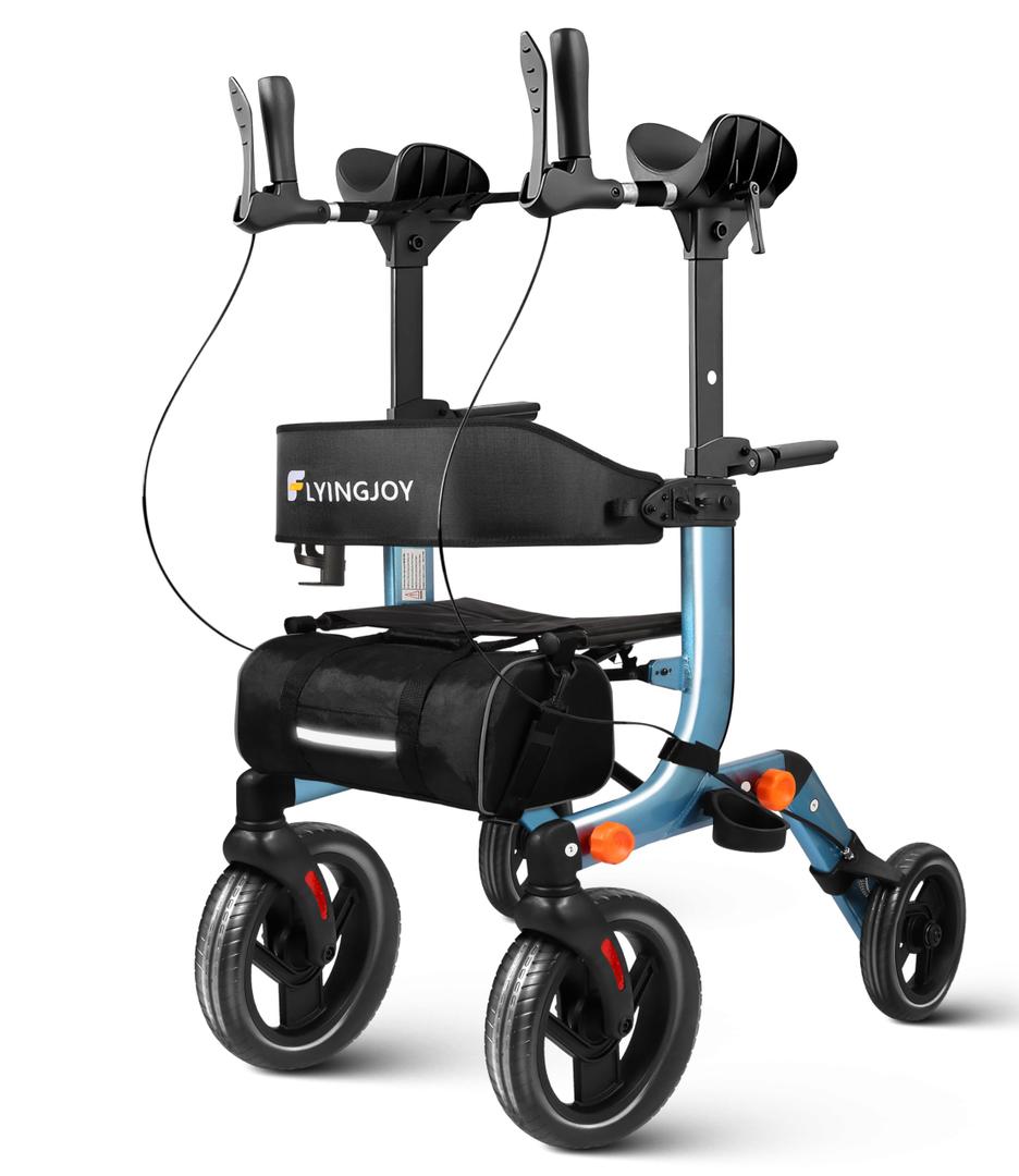 Lightweight Upright Rollator Walker All-Terrain Foldable with seat and Adjustable Height backrest, 300 lbs Capacity, 10" Front & 8" Rear Wheels for Seniors, Adults, bariatric, Includes Cane Holders