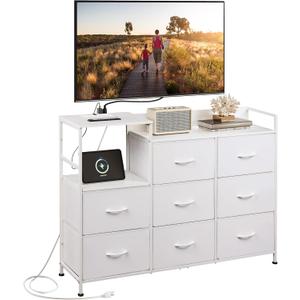 WLIVE White TV Stand with Charging Station, Entertainment Center with 8 Fabric Drawer, TV Media Console Table Open Storage Shelves, Wood Top for Living Room, Hallway, White, (ASNG104)