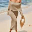 Saodimallsu Womens Off Shoulder Summer Maxi Dress Bell Long Sleeve Sexy Bodycon Strapless Sheer Beach Swimsuit Coverup (Beige)