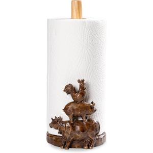 Farm Animals (Cow, Pig and Rooster) Countertop Paper Towel Holder Stand with Decoration, Hand-Carved Wood Style for Kitchen Bathroom,Weighted Base for One-Handed Operation,Vintage Brown