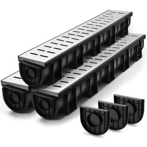 Amylove 3 Set Garage Trench Channel Drain 39.4 x 5.9 x 5.1 Inches, Garage Floor Drainage Trench Systems with 3 Stainless Steel Drainage Grates Cover and 3 Plastic End Caps for Pool Driveway, Black
