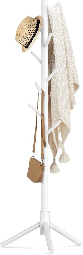 Haddockway Wooden Coat Rack Stand with 8 Hooks New Zealand Pine 3 Adjustable Coat Standing Tree Easy Assembly for Coats, Hats, Scarves and Handbags for Entryway, Hallway, Bedroom, Office, white (1 PC)