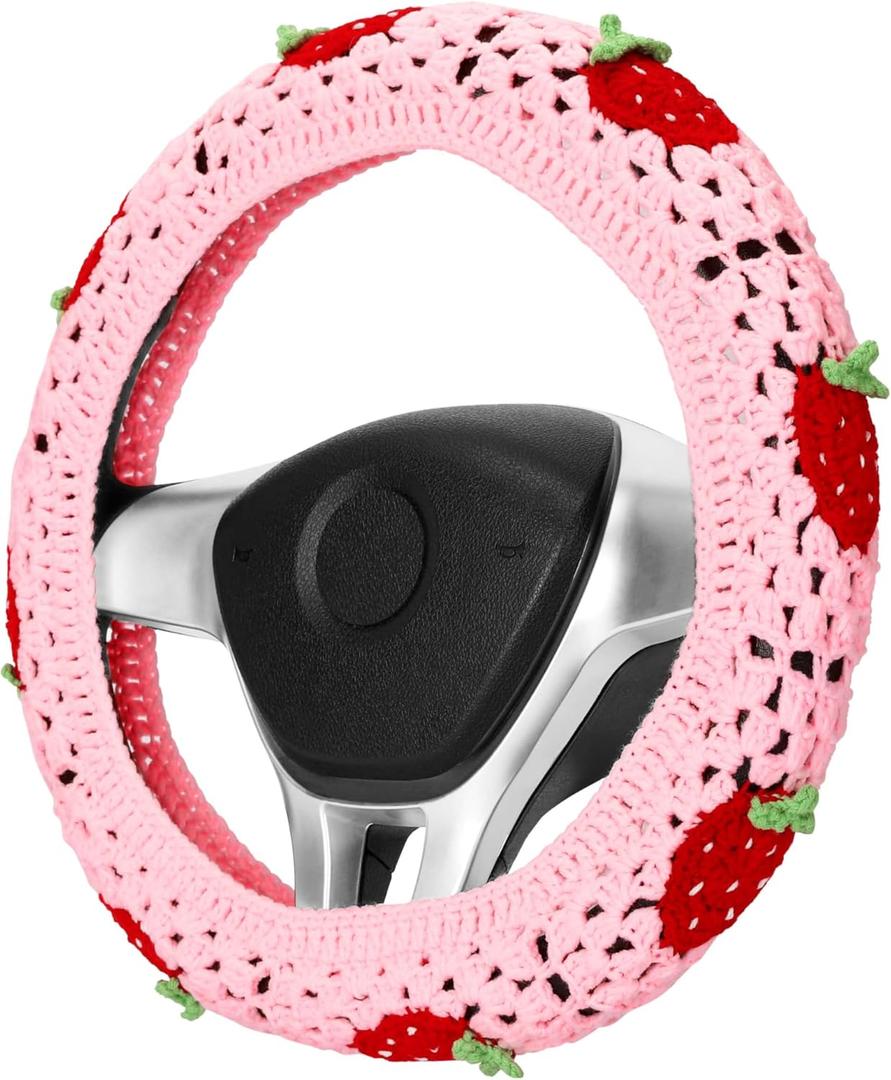 Crochet Steering Wheel Cover Set,Cute Car Steering Wheel Cover Boho 14-15in,Pink Strawberry Granny Square Pattern,Hippie Women Car Accessories (A Wheel Cover)