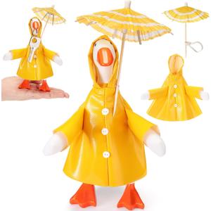 1 Set Spring Desk Goose Raincoat Outfit with Umbrella Mini Desk Goose Rain Coat Costume Mini Geese Raincoat Clothes for Spring 7 Inch Geese Figurine Desktop Home Decoration (Yellow)