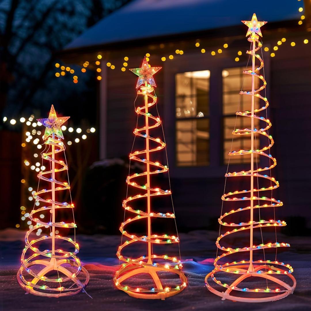 Dazzle Bright Set of 3 Lighted Spiral Christmas Tree, 3/4/6 FT 290 Count Collapsible Tree with 7" Star Topper, Christmas Decoration for Indoor Outdoor Xmas Patio Wedding Decor (Multi-Color) (Multi-colored)