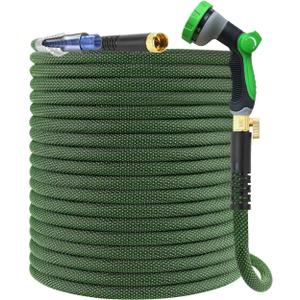 100Ft Non-Expandable Garden Hose, Flexible Water Hose with 10-Pattern Spray Nozzle, Lightweight Hose Pipe, Kink-Free, Leak-Proof, 3/4" Solid Metal Fittings (Green)