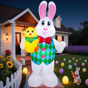 Danxilu 5 Foot Easter Inflatables Outdoor Decorations, Cute Blow Up Bunny Holding Chick for Outside, Built in LEDs Spring Holiday Inflatable Yard Decoration for Party Indoor Garden Lawn