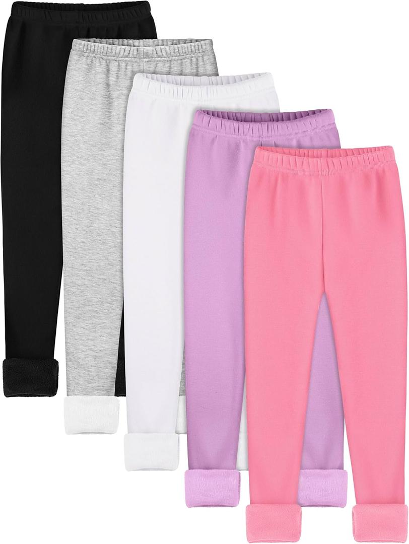 Resinta 5 Pack Girls Fleece Lined Leggings Winter Warm Soft Thermal Pants Full Length Multipack for Kids Cold Weather (8-10 Years, Black, Grey, White, Peach Pink, Purple)