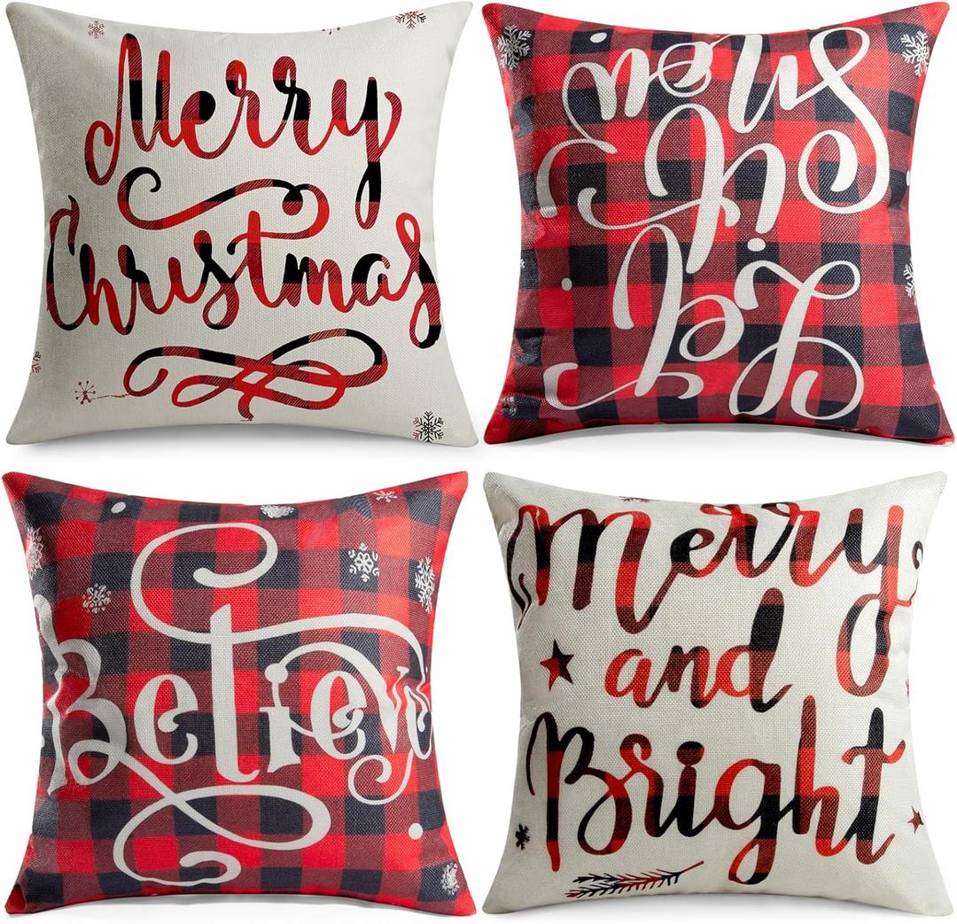 Christmas Pillow Covers 1818 Inch Set of 4, Christmas Winter Holiday Throw Pillow Covers Decorations for Sofa Couch Cushion (Letter)