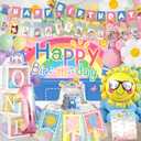 135 pcs Rachell English Teacher Party Supplies, 1st Birthday Decorations Girl & Boy, Photo Banner Balloons Poster Crown High Chair Banner Cake Topper Cartoon Theme Backdrop for Kids Birthday Decor