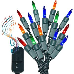 GILBIN 140 Waterproof Bulbs for Outdoor use Multi-Color Musical Christmas Lights - Plays 25 Classical Holiday Songs - 8 Function Chaser Green Wire 2" Space Between Bulbs Switch Allows to Mute Music