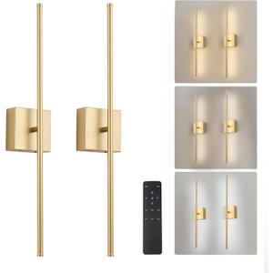 Removable Battery Operated Wall Sconces with Remote Control, Stepless Colors 3000K-6000K & Dimming, 350Rotate, LED Gold Wireless Wall Light for Living Room, Bedroom, 28.3 Inch (2 Pack)