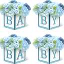 Baby Shower Centerpieces for Table - 4 Set of Wood Boxes with BABY Letters 6 x 6 inch Cube Planter Vase Baby Blocks for Boys Baby Shower Gender Reveal Favor - Blue