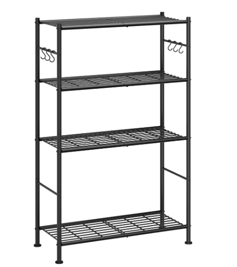 Sakugi Storage Shelves - 4-Tier Spacious Shelf Organizer with Hooks & Leveling Feet, Easy to Assemble, Rust-Resistant Garage Shelving for Kitchen, Pantry, Bedroom, 33.2" x 12.7" x 57.3", Black
