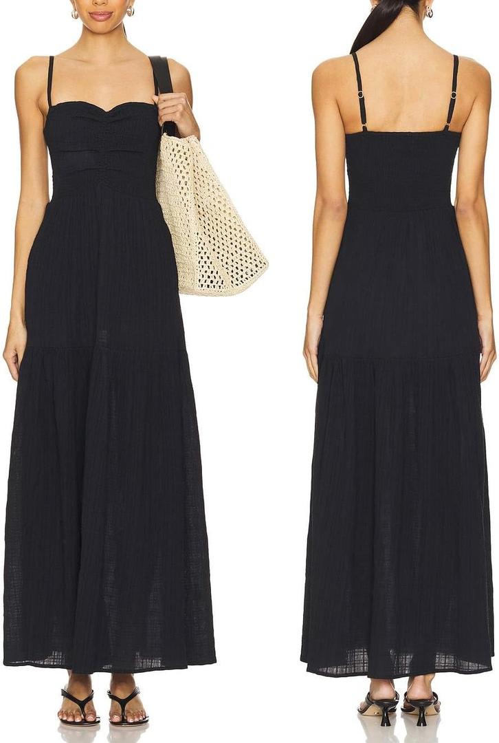 Capuffy Women's Adjustable Spaghetti Straps Smocked Maxi Dress Tiered Skirt Pleated Boho Summer Dress Long Beach Sundress 379 (Black)