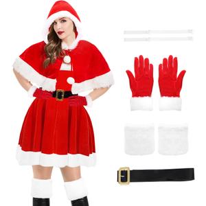 Mrs Claus Costume for Women, 6PCS Adult Santa Costumes Claus Dress Christmas Velvet Dress Outfit with Cloak Belt