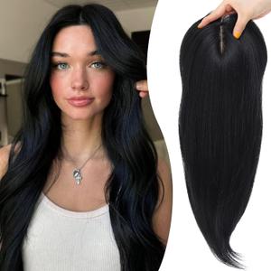 Synthetic Hair Topper with Bangs 18 Inch Layered Toppers for Women with Thinning Hair 5.5" x 5" hand Tied Forehead Hairline 360 3D Cover Wispy Synthetic Toppers Hair for Women Fiber Wiglets (Black)