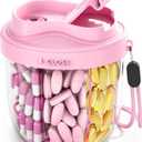 Cute Pill Organizer,Pill Dispenser with 7 Large Compartments,Portable Pill Bottle Box with Wide Opening for Easy Use, Anti-Mix Pills Organizer for Travel,Includes 20 Pcs Sticky LabelsPink