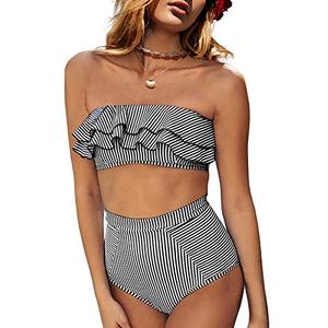 Saodimallsu Women High Waisted 2 Piece Bikini Set Bandeau Ruffle Swimsuit Top Striped Bathing Suits Black Size small