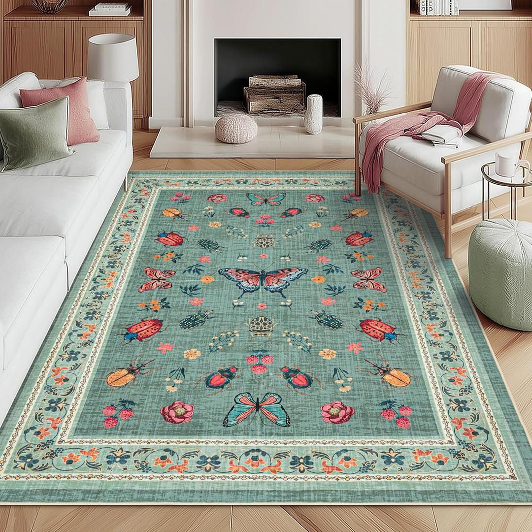 Light Green Rug for Girls Bedroom Dorm Beetle Butterfly Floral Pattern Vibrant Rug 5x7 Vintage Cottage Soft Low Pile Floor Carpet with Non Slip Washable Green Area Rugs for Kids Playroom 5 x 7